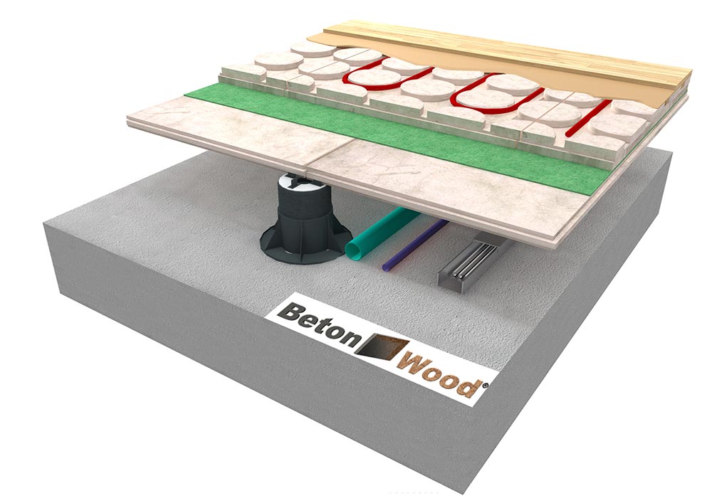 Elevated radiant heating floor with cement bonded particle board BetonWood