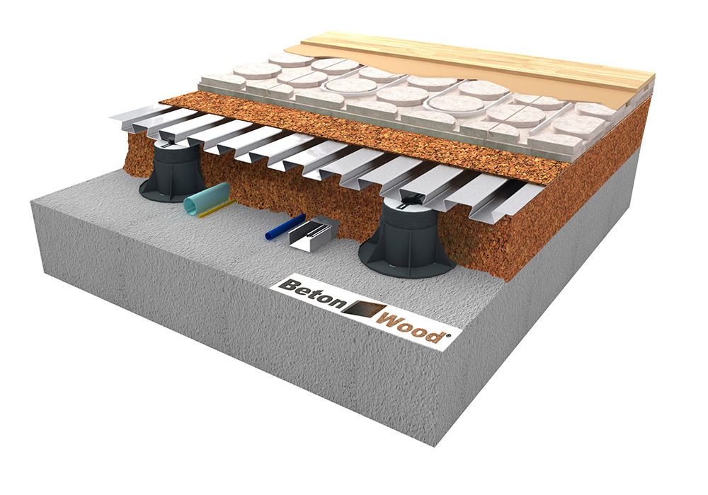 Elevated radiant floor system with cork panels on metal sheet and cork granules