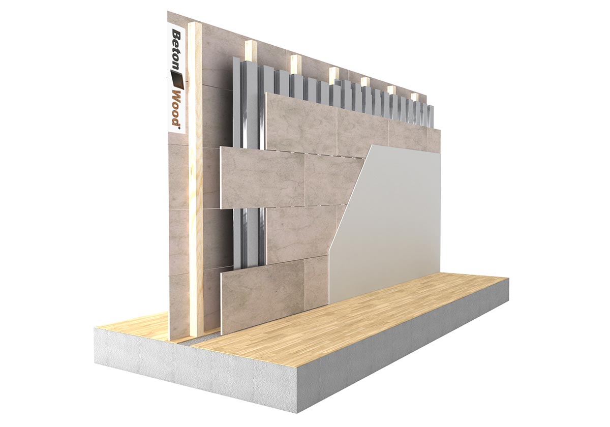 Partition wall cement bonded particle board and metal sheet on wood beams